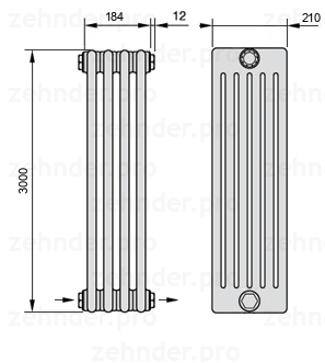 Схема (чертеж) Радиатор Zehnder Charleston 6300/4 №2670 Белый глянцевый RAL 9016